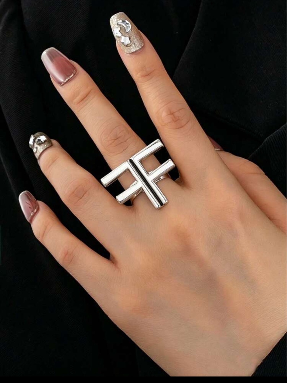 Bold Silver-Tone Double Bar FF  Statement Ring
